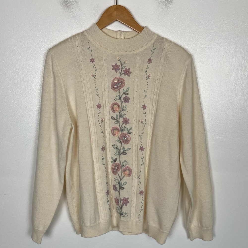 Alfred Dunner Wool Blend Embroidered Sweater Mock Neck Size L Preppy Cottagecore